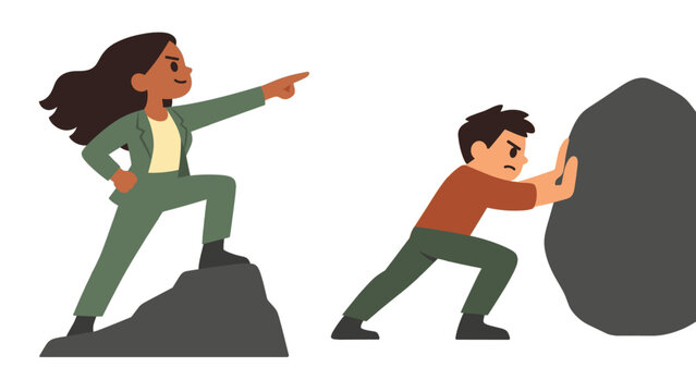 Woman points ahead while a man pushes a large boulder