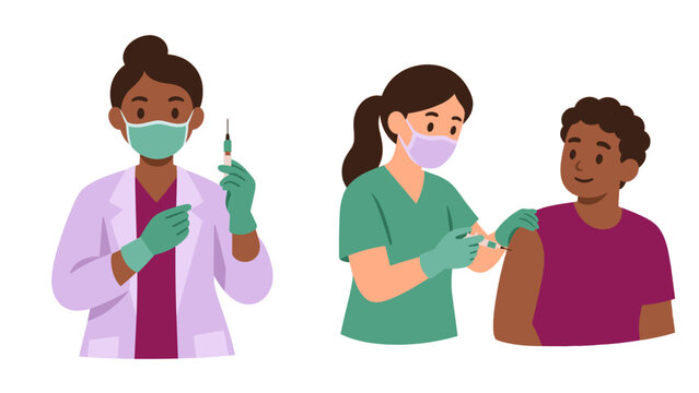 Healthcare workers preparing a syringe and vaccinating a patient