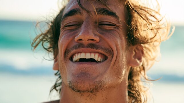 Portrait of a man laughing freely on a sunny beach, wind tousling his hair, sun-kissed skin with