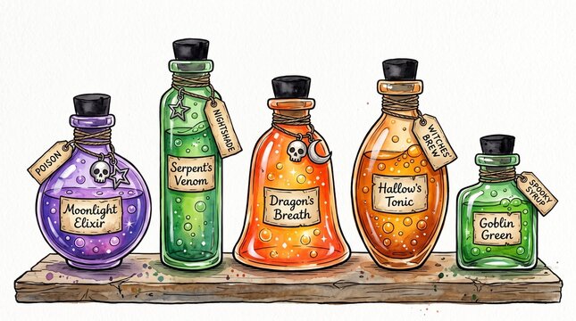 Five colorful magic potion bottles with labels and skull charms arranged on a wooden shelf against a white background with names sit rustic
