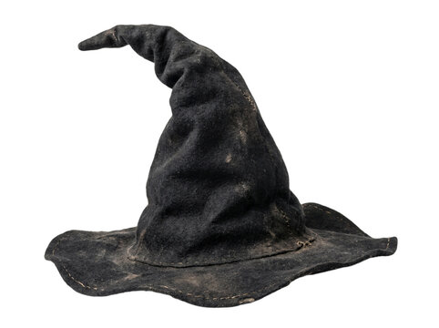 Worn black felt wizard hat with pointed tip and wide brim stands out on transparent background for magical costumes and fantasy themed graphic design projects.