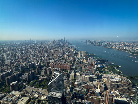 Aerial view south over Manhattan, the Hudson river and Lower Manhattan from an observation deck, New York, United States