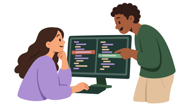 Developers collaborating on code at a computer