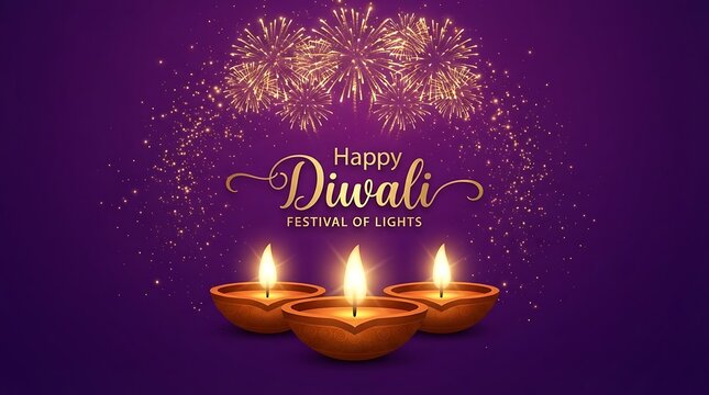 Purple Gold Fireworks And Diya Happy Diwali Festival Of Lights Greeting Background