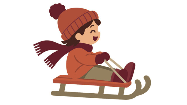 Smiling child sledding with a scarf blowing in the wind