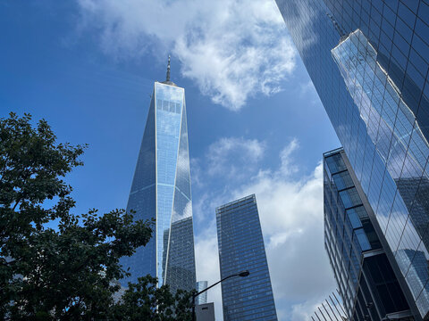 Low angle view of the skyscraper rebuilt on the site of the twin towers in Lower Manhattan, New York, United States