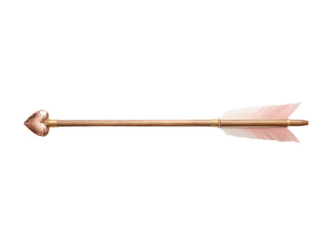 Wooden cupid arrow with metallic heart tip and soft feathers showcases elegant romantic design suitable for wedding celebration stationery or valentine craft art.