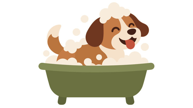 Happy dog enjoying a bubble bath in a green bathtub