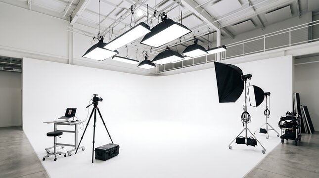 Large white studio with a seamless cyclorama wall, overhead lighting grid, camera on a tripod, and softbox lights for production