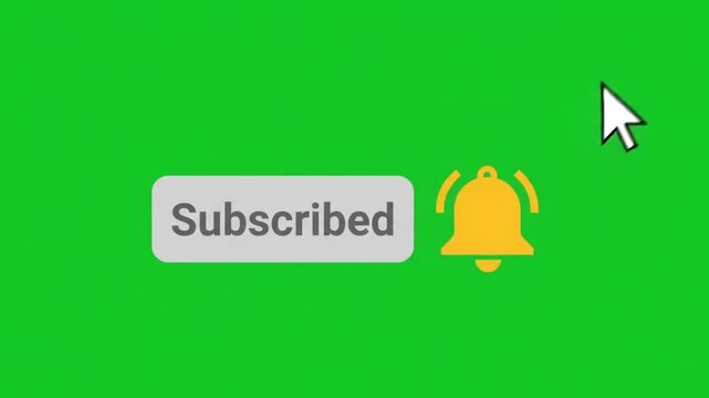 Green screen animation of a mouse cursor clicking the subscribed button and notification bell icon for video content creators