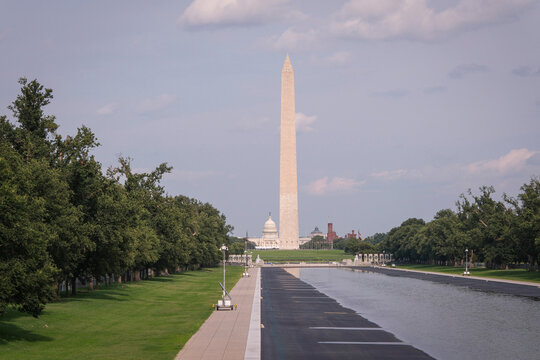 Lincoln Memorial Reflecting Pool, Washington Monument and the dome of the Capitol in line, Washington, District of Columbia, United States