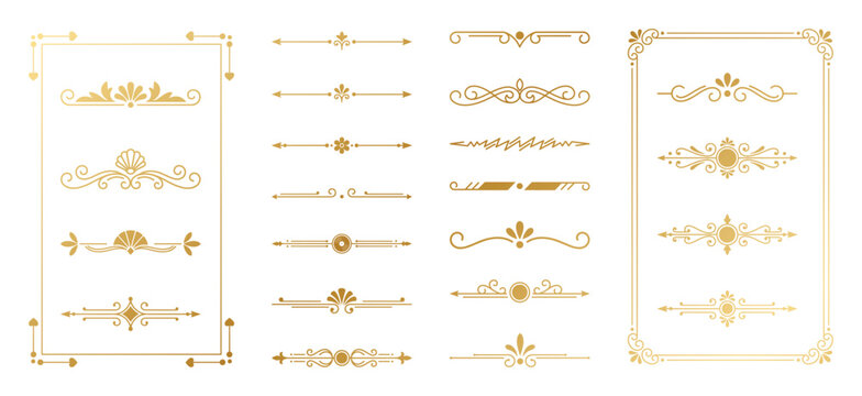 Elegant gold scroll dividers and decorative rectangular frames for luxury stationery design