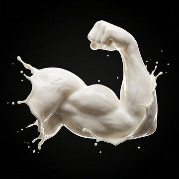 A creative splash of milk in the shape of a strong muscular human arm flexing its bicep, isolated on a black background.