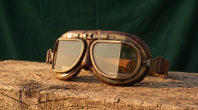 Vintage leather aviator goggles with brass metal frames rest on weathered rustic wooden plank under warm golden hour evening sunlight