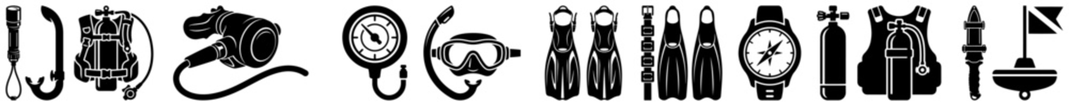 Scuba diving equipment and underwater gear icons isolated on white background in silhouette vector style