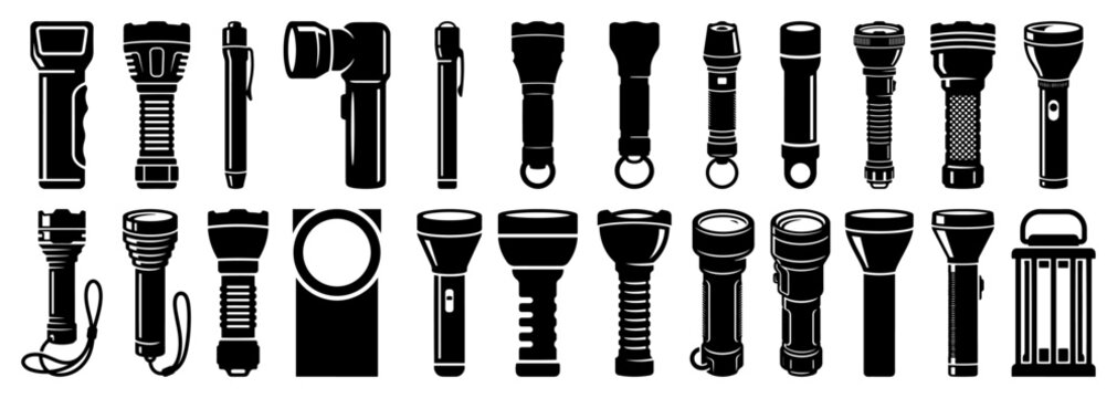 Flashlight icons collection of tactical torches and portable lights in black silhouette vector style