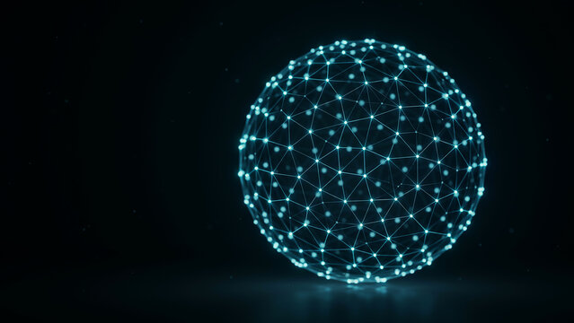 Glowing blue network sphere on dark background, with light particles