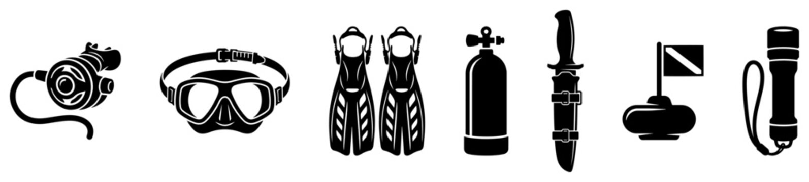 Scuba diving accessories and snorkeling equipment set isolated on white background in silhouette vector style