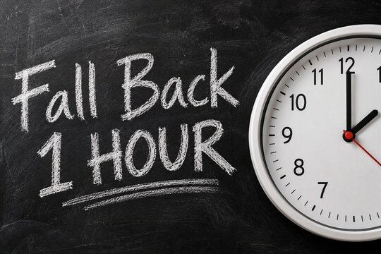 Fall Back One Hour Daylight Saving Time Concept with Wall Clock and Chalkboard Message, Autumn Clock Change, Standard Time and DST Reminder