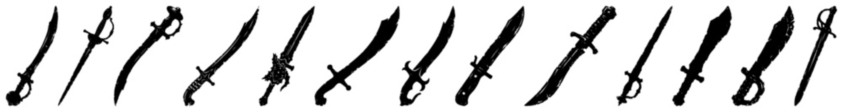Medieval sword and dagger set featuring curved sabers and rapiers in textured black silhouette style