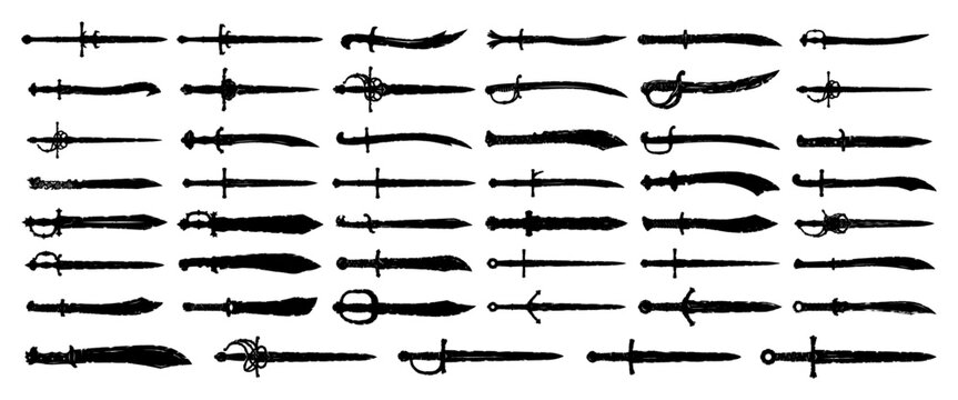 Sword icons collection with medieval blades daggers and sabers in distressed black silhouette style