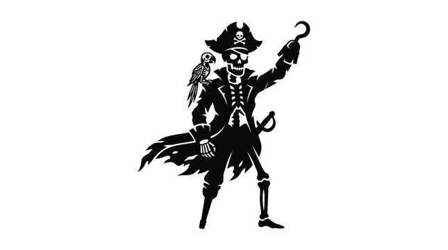 Fierce pirate captain skeleton vector graphic holding metallic hook sword wearing parrot on shoulder