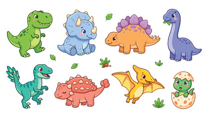 Cute Cartoon Dinosaur Character Collection with T Rex Triceratops Stegosaurus Brontosaurus Pterodactyl and Baby Dino Vector Set © Aysharya