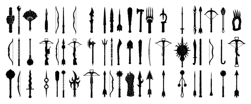Medieval weapons and fantasy battle equipment set including crossbows bows spears and maces in silhouette style