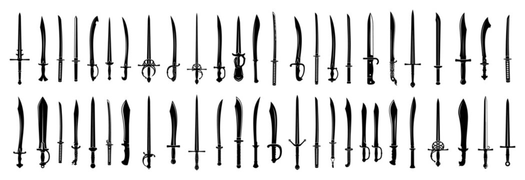 Medieval swords and daggers collection featuring various blades sabers and rapiers in black silhouette style