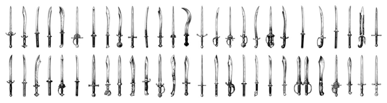 Medieval swords and antique bladed weapons collection in vintage engraved sketch style