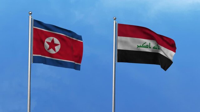 North Korea and Iraq Waving Flags, 3D Illustration