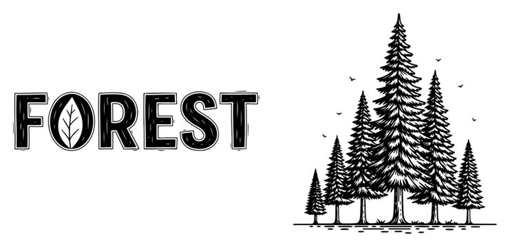 Forest typography text logo with pine trees landscape in vintage engraving vector style