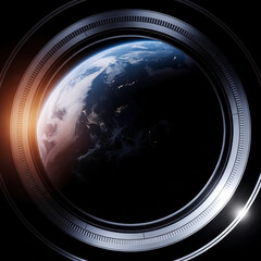 Fototapeta premium Earth seen from space through a circular spaceship window with outer space spaceship atmosphere astronomy exploration viewpoint astrophysics darkness perspective