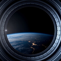 Fototapeta premium View of earth at night from a circular spacecraft window with city lights outer space spaceship astronomy atmosphere exploration viewpoint astrophysics darkness