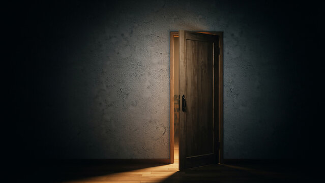 Open wooden door with bright light emitting from within keywords: door, open, wooden, light