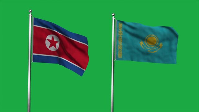 North Korea and Kazakhstan Waving Flags, 3D Illustration
