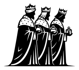 Fototapeta premium Biblical three kings in royal robes bearing Christmas gifts in silhouette style