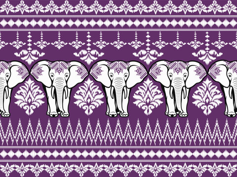 Thai Elephant Pants Fabric Pattern with Elephant and Floral Motifs