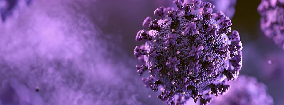 Microscopic view of a virus particle, glowing purple with a hazy background