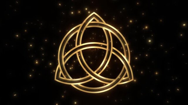 Animation of the Celtic trinity knot, mystical gold Triquetra, golden Trisquel icon and glowing particles on dark black background 