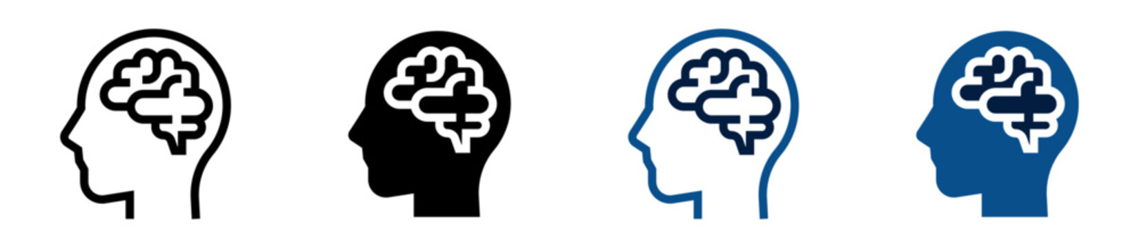 Iconos de inteligencia mental. Perfil de cabeza con cerebro. Salud mental y pensamiento cognitivo. Vector outline