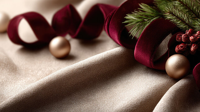 Holiday flat lay with velvet ribbon, evergreen fir branch, golden baubles and dried berries on beige fabric, creating elegant seasonal frame with ample copy space