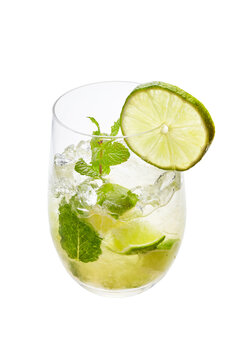 Mojito cocktail with lime and mint on white background
