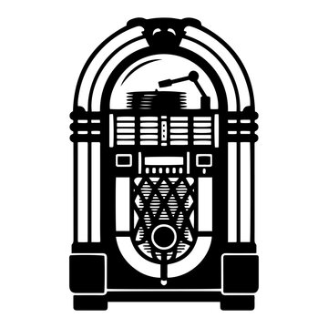 Jukebox retro music player with vinyl records in black silhouette style