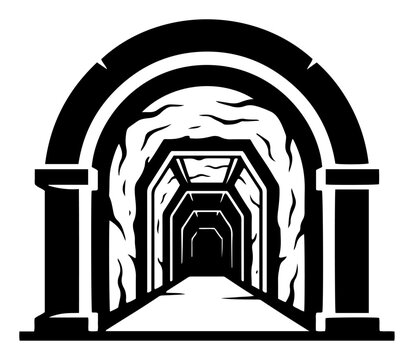 Mine tunnel entrance looking into underground shaft corridor in black silhouette vector style