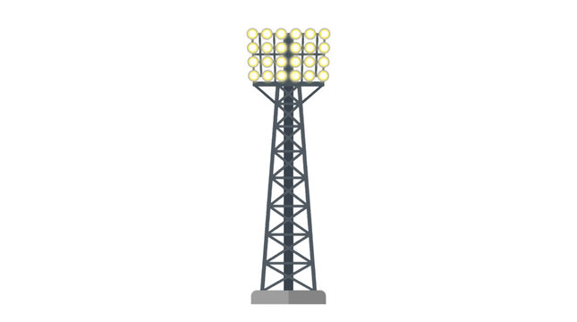 Illustration of a tall stadium floodlight tower with multiple bright lights illuminating the scene on transparent background