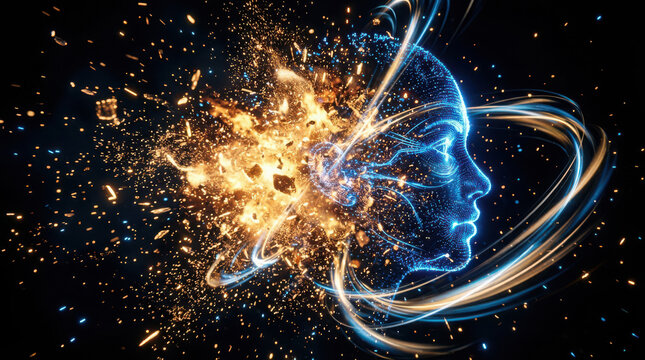 Glowing digital human head profile surrounded by bright abstract particle explosion and cosmic energy lines