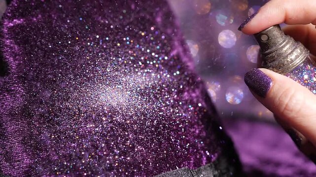 Hand spraying purple glitter on velvet, sparkly cosmetic magic