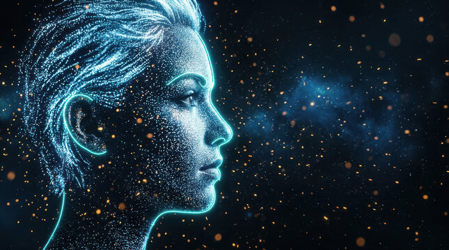 Futuristic digital female face rendered with glowing blue particles and neon light details