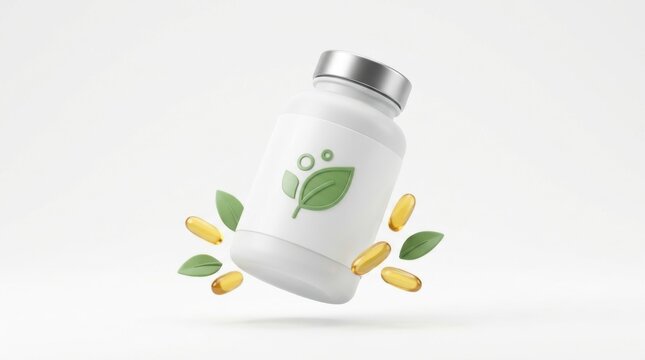 White supplement bottle with organic leaf icon and floating golden